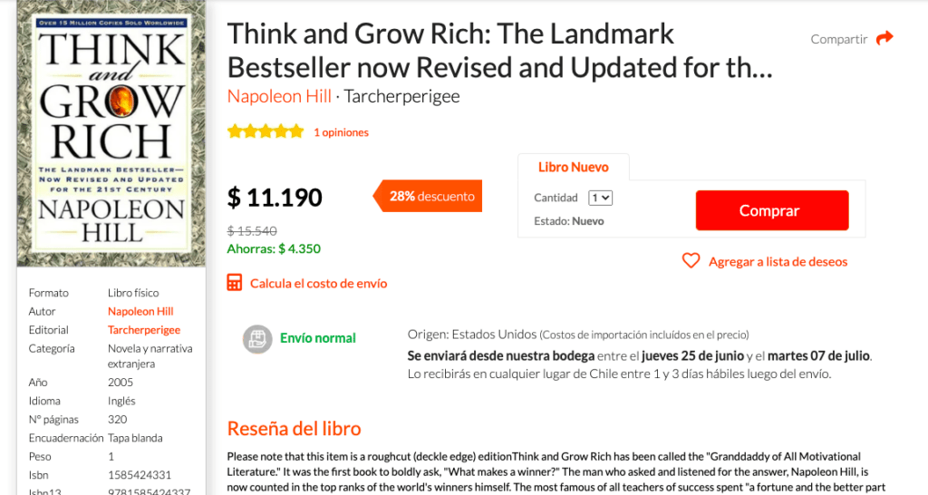 Página de ventas de libro Think and Grow Rich