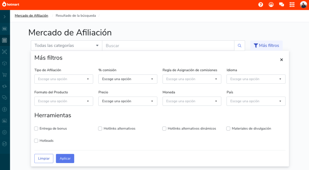 Hotmart en español Mercado de Afiliación: filtros