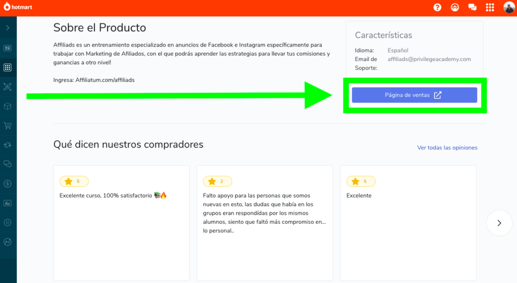 Hotmart español: página de producto, botón a la pagina de ventas