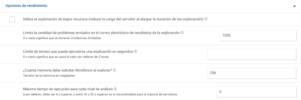 Wordfence Opciones de Rendimiento