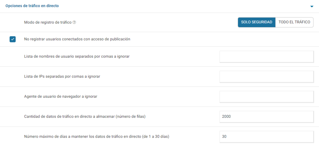 Wordfence Opciones de Trafico en Directo